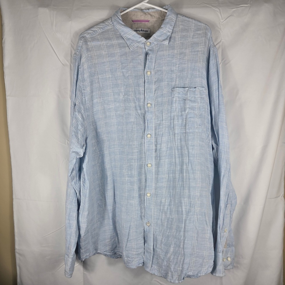 Tommy Bahama Mens XXL Blue White Grid 100% Linen Long Sleeve Button Down Shirt - Picture 2 of 11